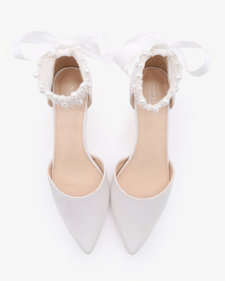Satin Pointy Toe Kitten Low Heel with Perla Ankle Strap
