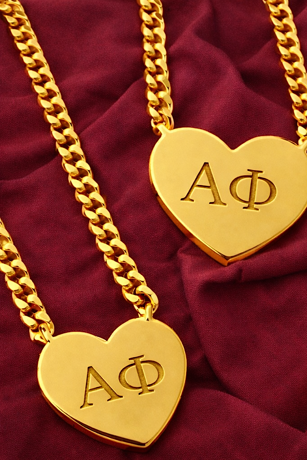 SC - Alpha Phi Engraved Gold Heart Necklace - Glamourous Grace