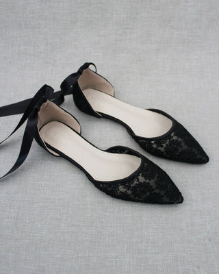 Evening Crochet Lace Pointy Toe with Ballerina Lace Up or Ankle Tie