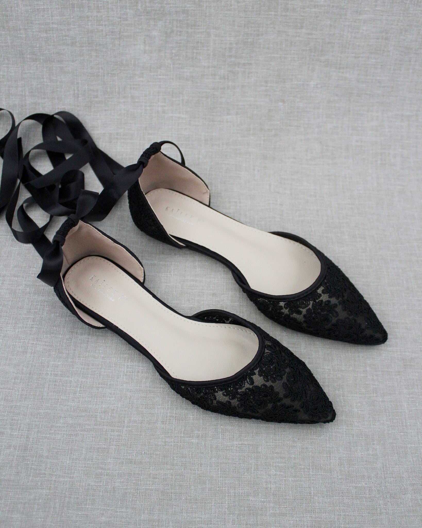 Evening Crochet Lace Pointy Toe with Ballerina Lace Up or Ankle Tie