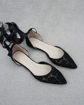 Evening Crochet Lace Pointy Toe with Ballerina Lace Up or Ankle Tie