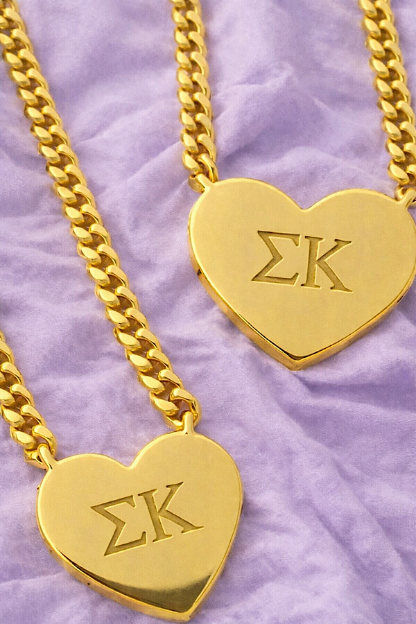 SC - Sigma Kappa Engraved Gold Heart Necklace - Glamourous Grace