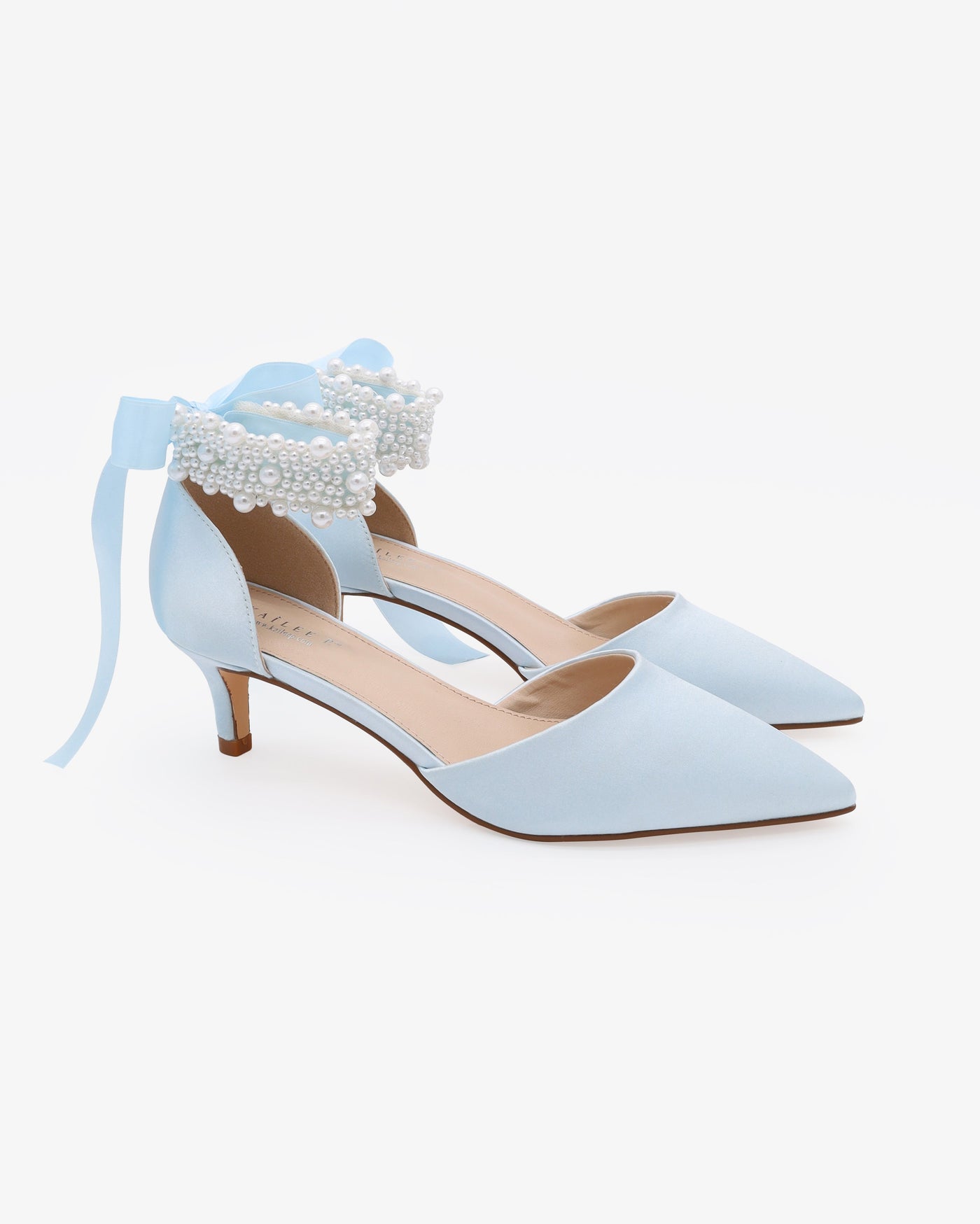 Satin Pointy Toe Kitten Low Heel with Perla Ankle Strap - Glamourous Grace
