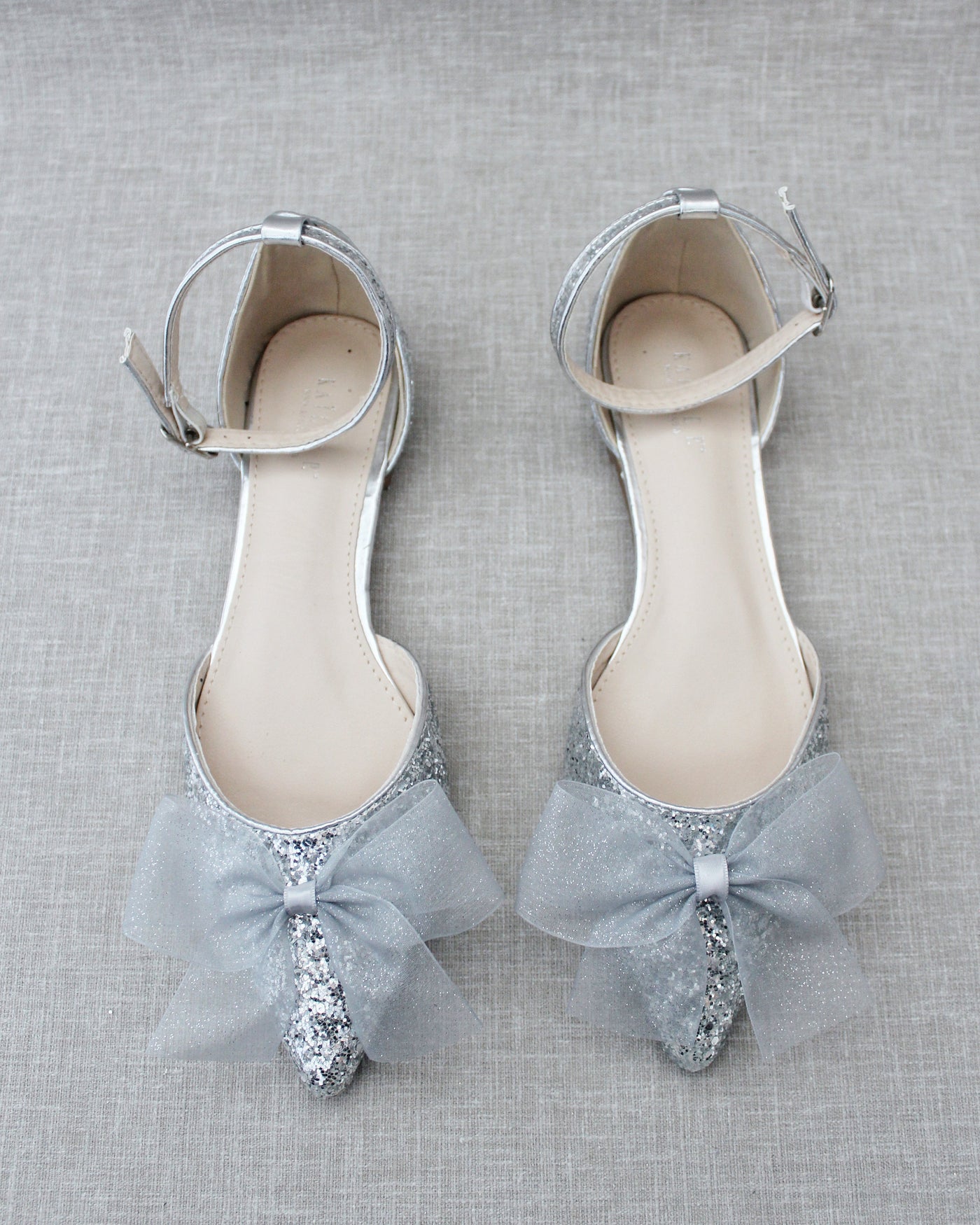 Rock Glitter Pointy Toe Flats with Organza Bow - Glamourous Grace