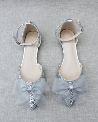 Rock Glitter Pointy Toe Flats with Organza Bow