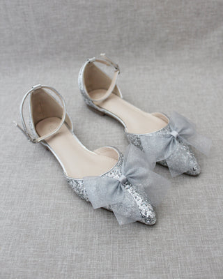 Rock Glitter Pointy Toe Flats with Organza Bow