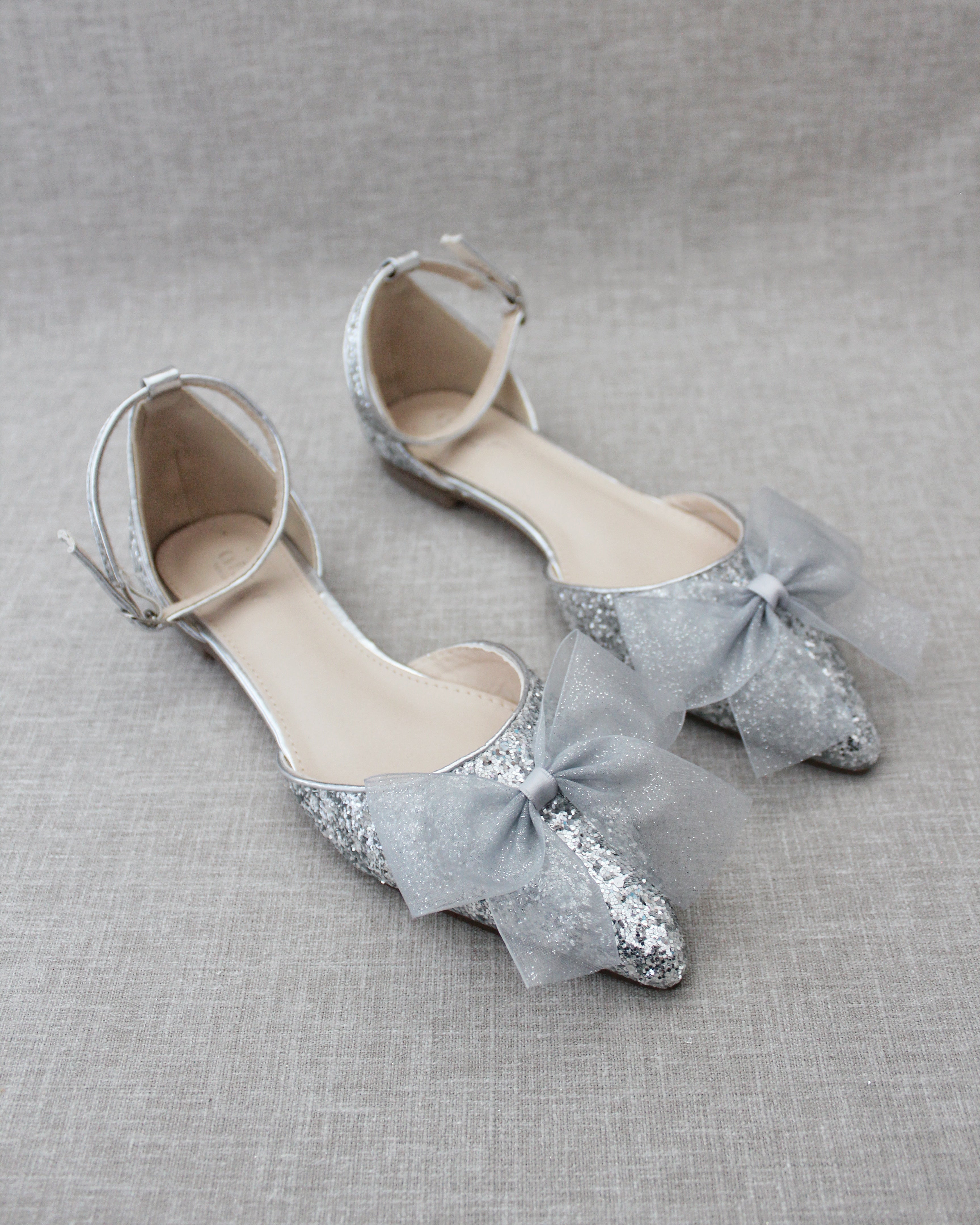 Rock Glitter Pointy Toe Flats with Organza Bow