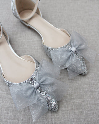 Rock Glitter Pointy Toe Flats with Organza Bow