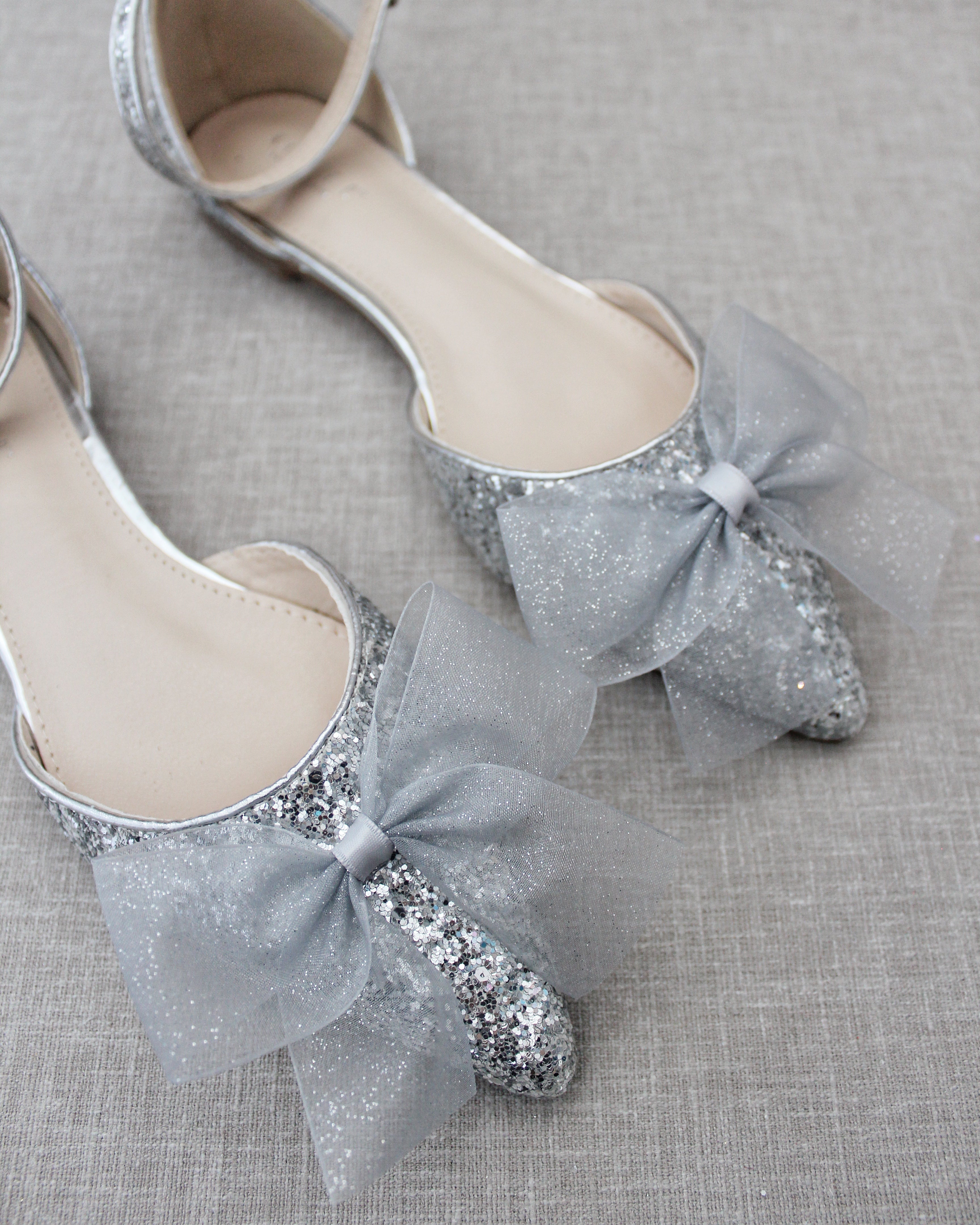 Rock Glitter Pointy Toe Flats with Organza Bow