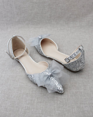 Rock Glitter Pointy Toe Flats with Organza Bow