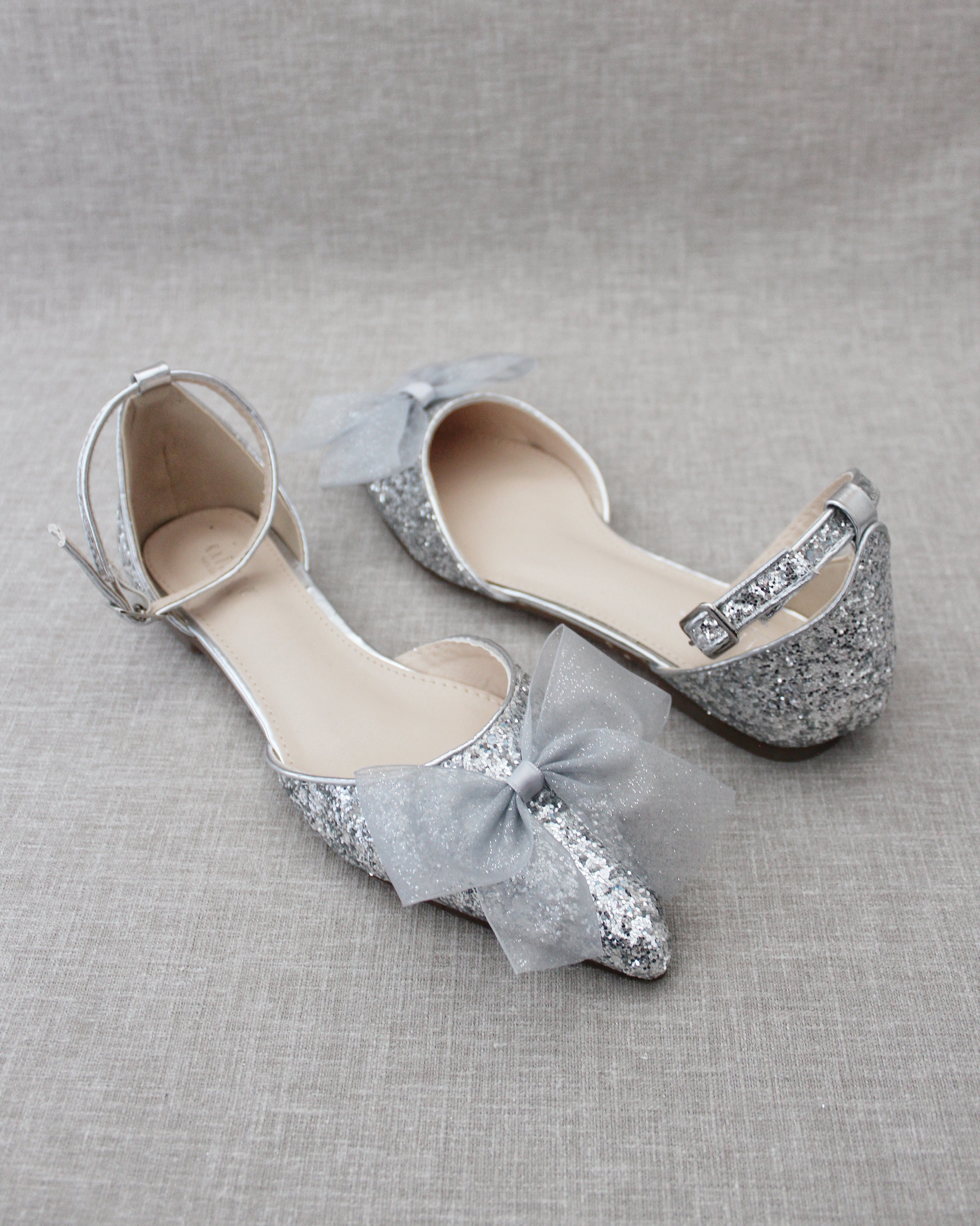 Rock Glitter Pointy Toe Flats with Organza Bow
