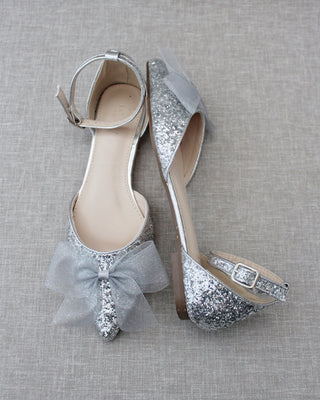 Rock Glitter Pointy Toe Flats with Organza Bow