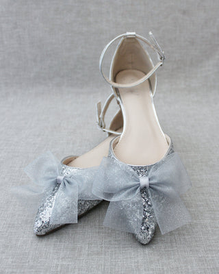 Rock Glitter Pointy Toe Flats with Organza Bow