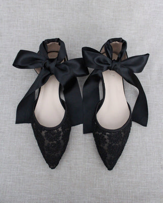 Evening Crochet Lace Pointy Toe with Ballerina Lace Up or Ankle Tie
