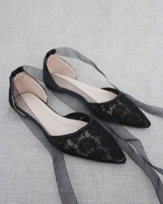 Evening Crochet Lace Pointy Toe with Ballerina Lace Up or Ankle Tie