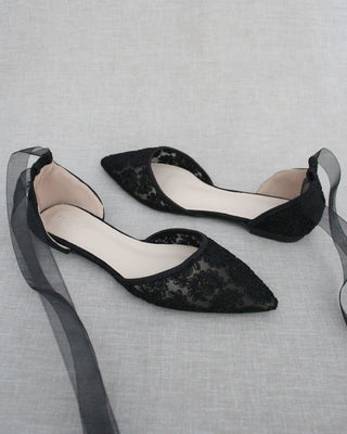 Evening Crochet Lace Pointy Toe with Ballerina Lace Up or Ankle Tie