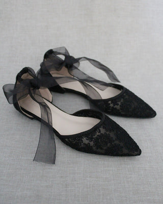 Evening Crochet Lace Pointy Toe with Ballerina Lace Up or Ankle Tie