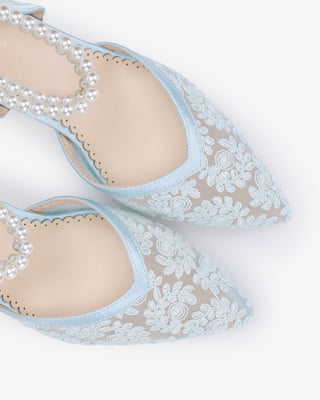 Lace Block Heel For Weddings with Double Pearls Ankle Strap