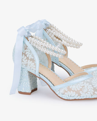 Lace Block Heel For Weddings with Double Pearls Ankle Strap