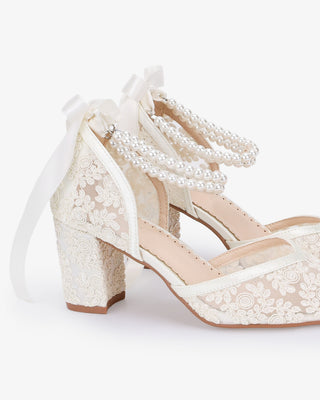 Lace Block Heel For Weddings with Double Pearls Ankle Strap