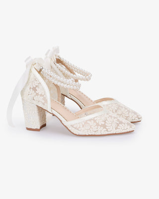 Lace Block Heel For Weddings with Double Pearls Ankle Strap
