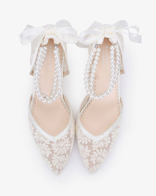 Lace Block Heel For Weddings with Double Pearls Ankle Strap