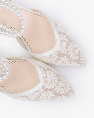 Lace Block Heel For Weddings with Double Pearls Ankle Strap
