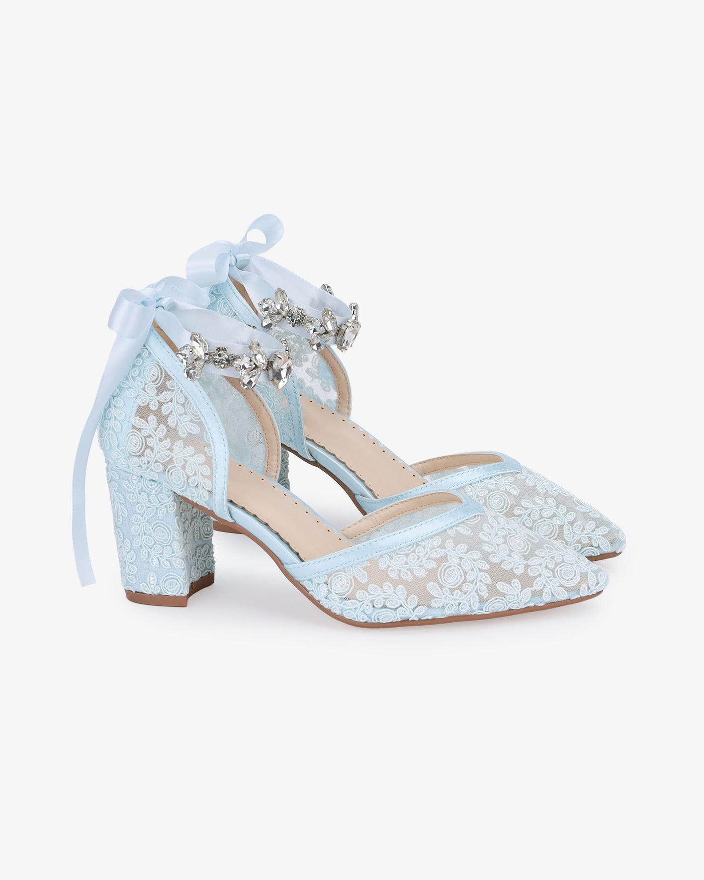 Lace Block Heel For Weddings with Navette Cluster Rhinestones Strap - Glamourous Grace