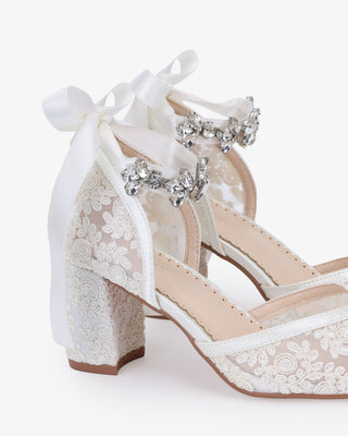 Lace Block Heel For Weddings with Navette Cluster Rhinestones Strap