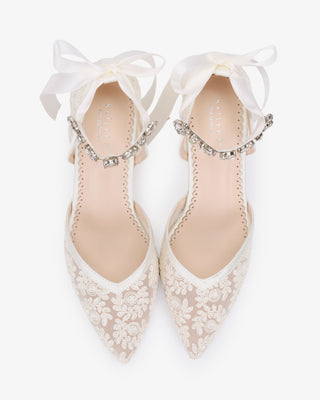 Lace Block Heel For Weddings with Navette Cluster Rhinestones Strap