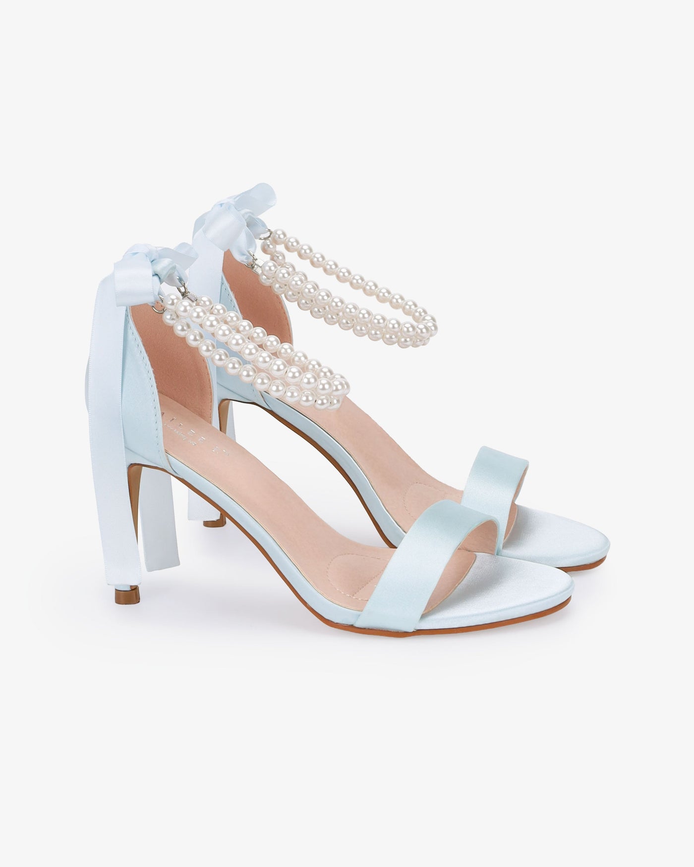 Satin High Heel Wedding Sandals with Double Pearls Ankle Strap - Glamourous Grace
