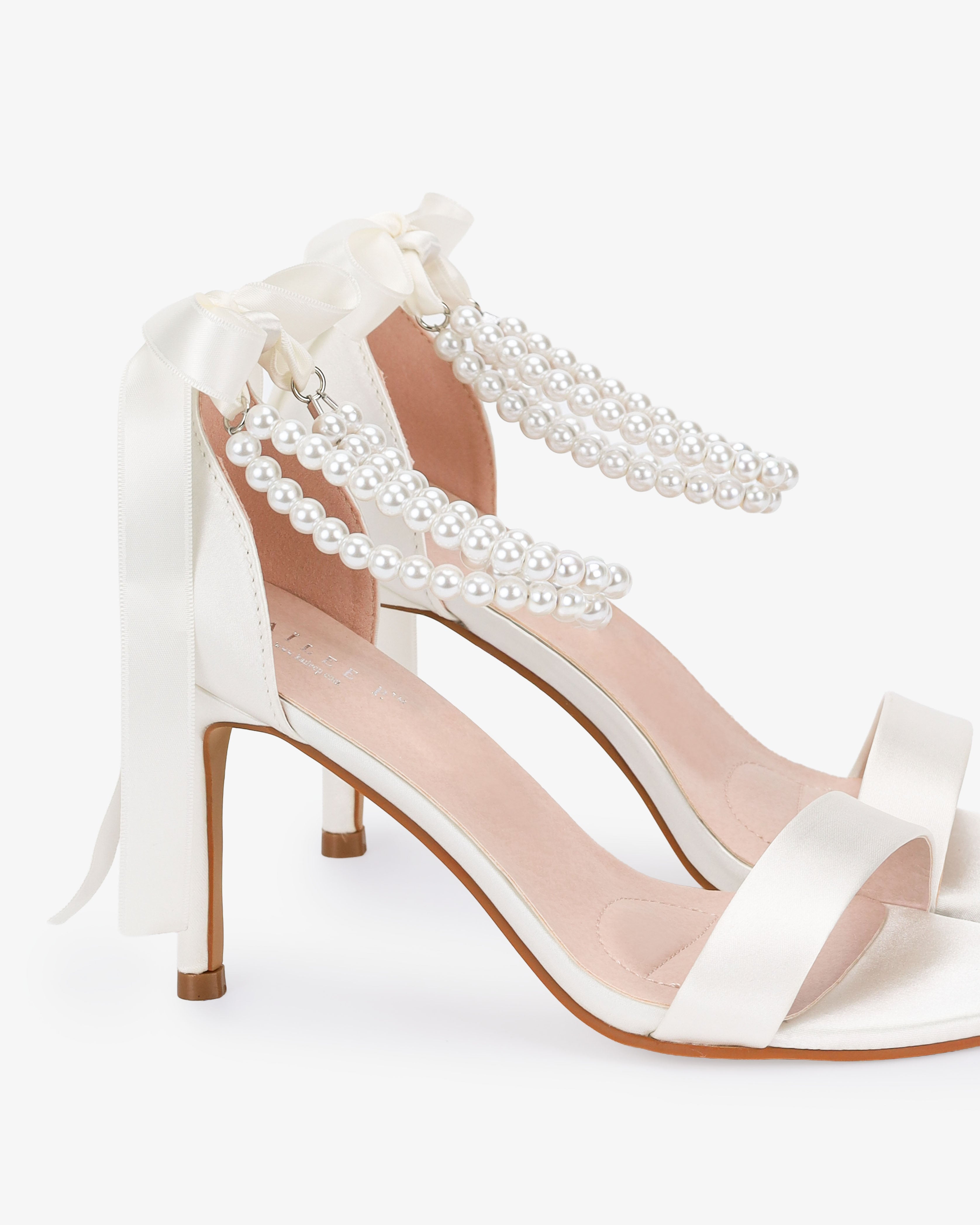 Satin High Heel Wedding Sandals with Double Pearls Ankle Strap
