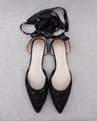 Evening Crochet Lace Pointy Toe with Ballerina Lace Up or Ankle Tie