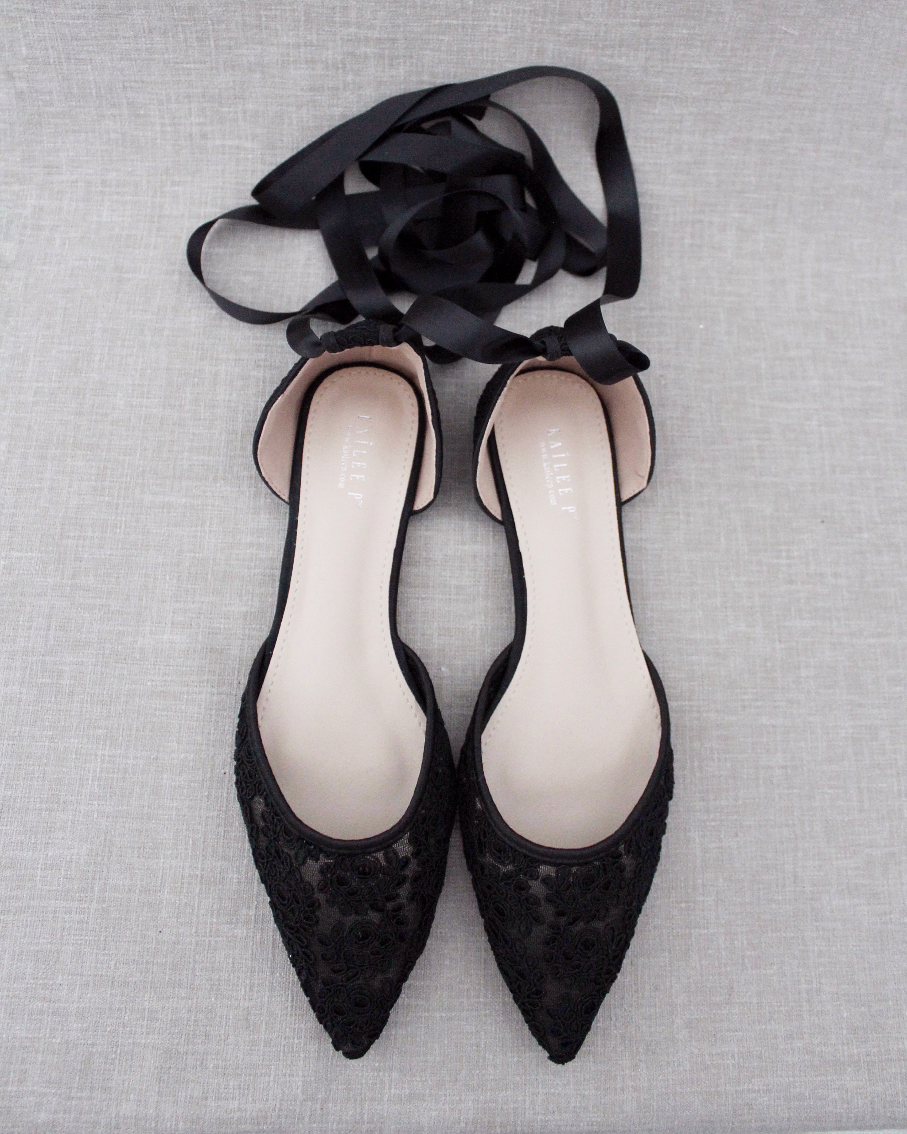Evening Crochet Lace Pointy Toe with Ballerina Lace Up or Ankle Tie