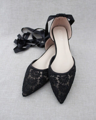 Evening Crochet Lace Pointy Toe with Ballerina Lace Up or Ankle Tie