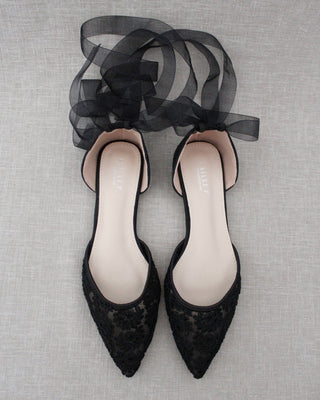 Evening Crochet Lace Pointy Toe with Ballerina Lace Up or Ankle Tie