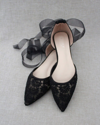 Evening Crochet Lace Pointy Toe with Ballerina Lace Up or Ankle Tie