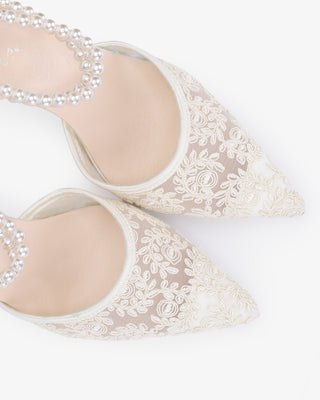 Wedding Lace Heels with Double Pearls Ankle Strap