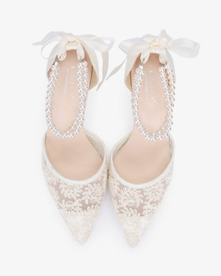 Wedding Lace Heels with Double Pearls Ankle Strap