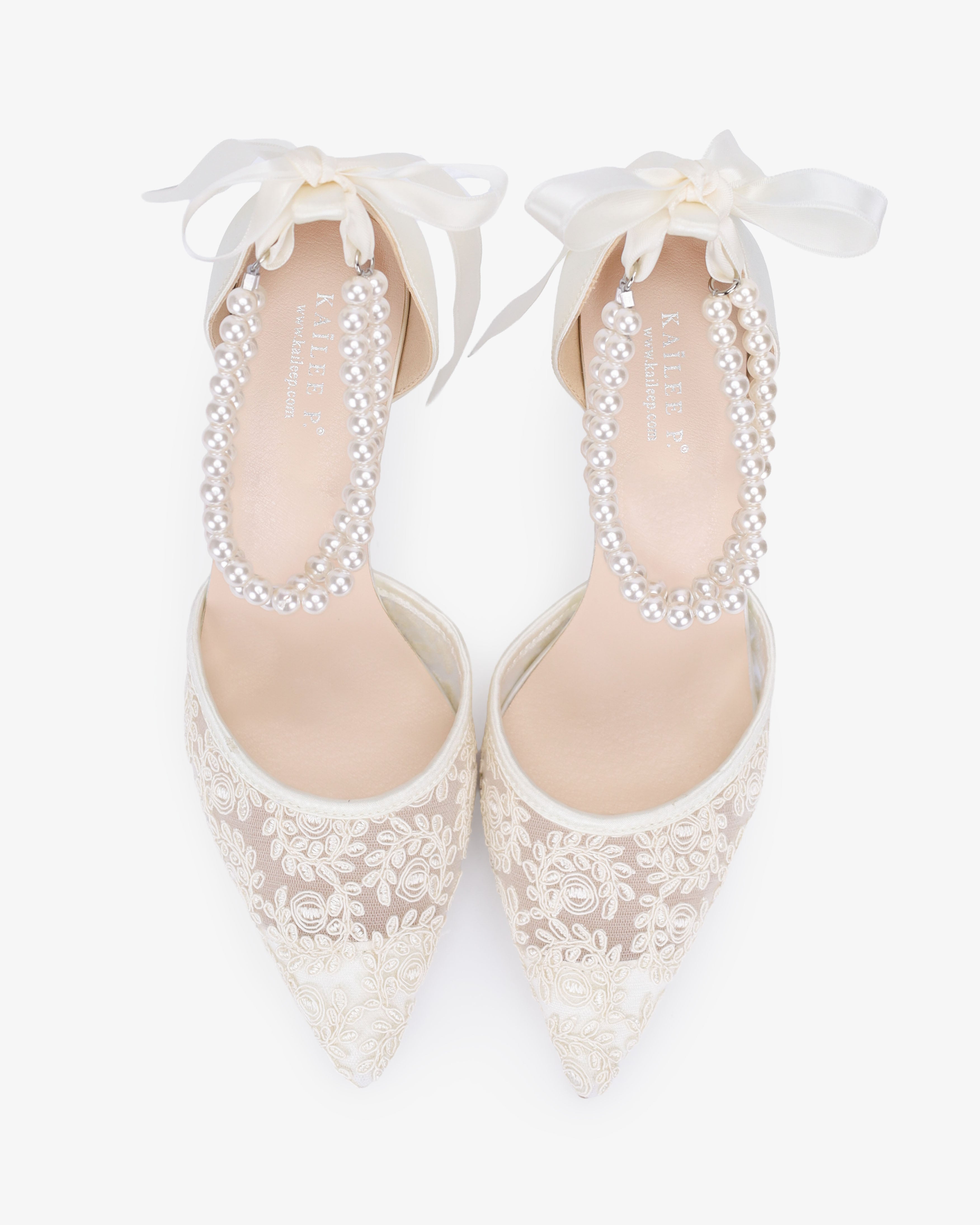 Wedding Lace Heels with Double Pearls Ankle Strap