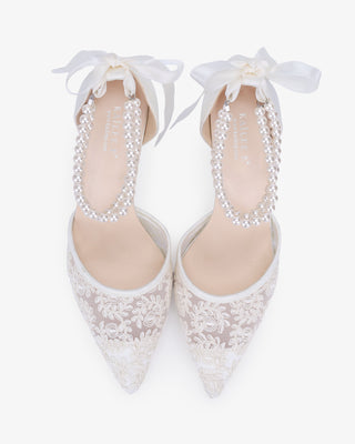 Wedding Lace Heels with Double Pearls Ankle Strap