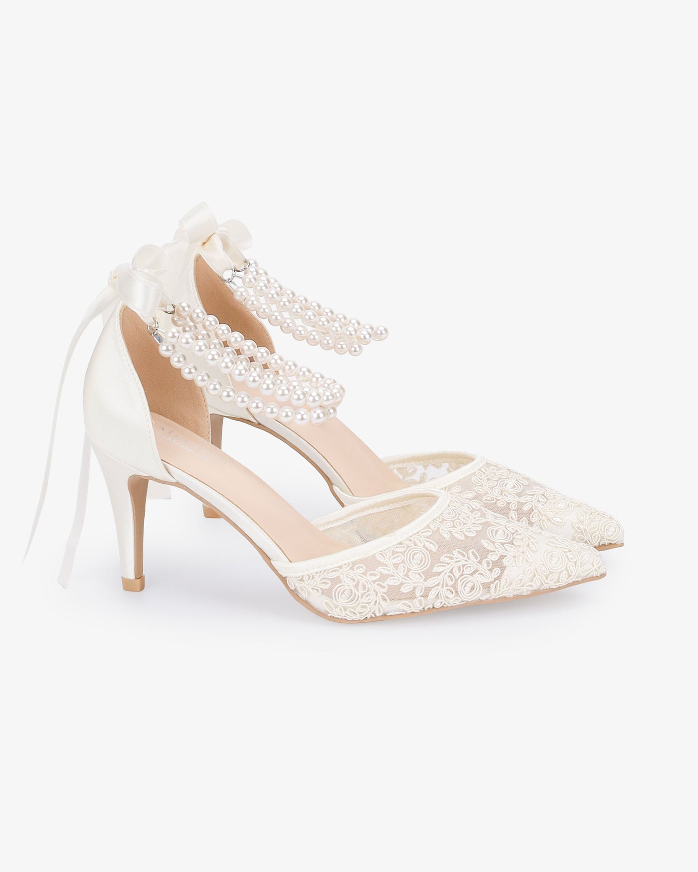 Wedding Lace Heels with Double Pearls Ankle Strap - Glamourous Grace