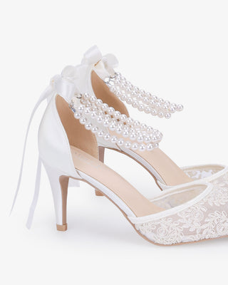 Wedding Lace Heels with Double Pearls Ankle Strap