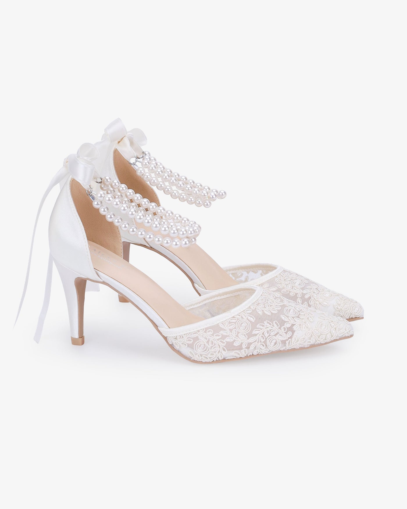 Wedding Lace Heels with Double Pearls Ankle Strap - Glamourous Grace