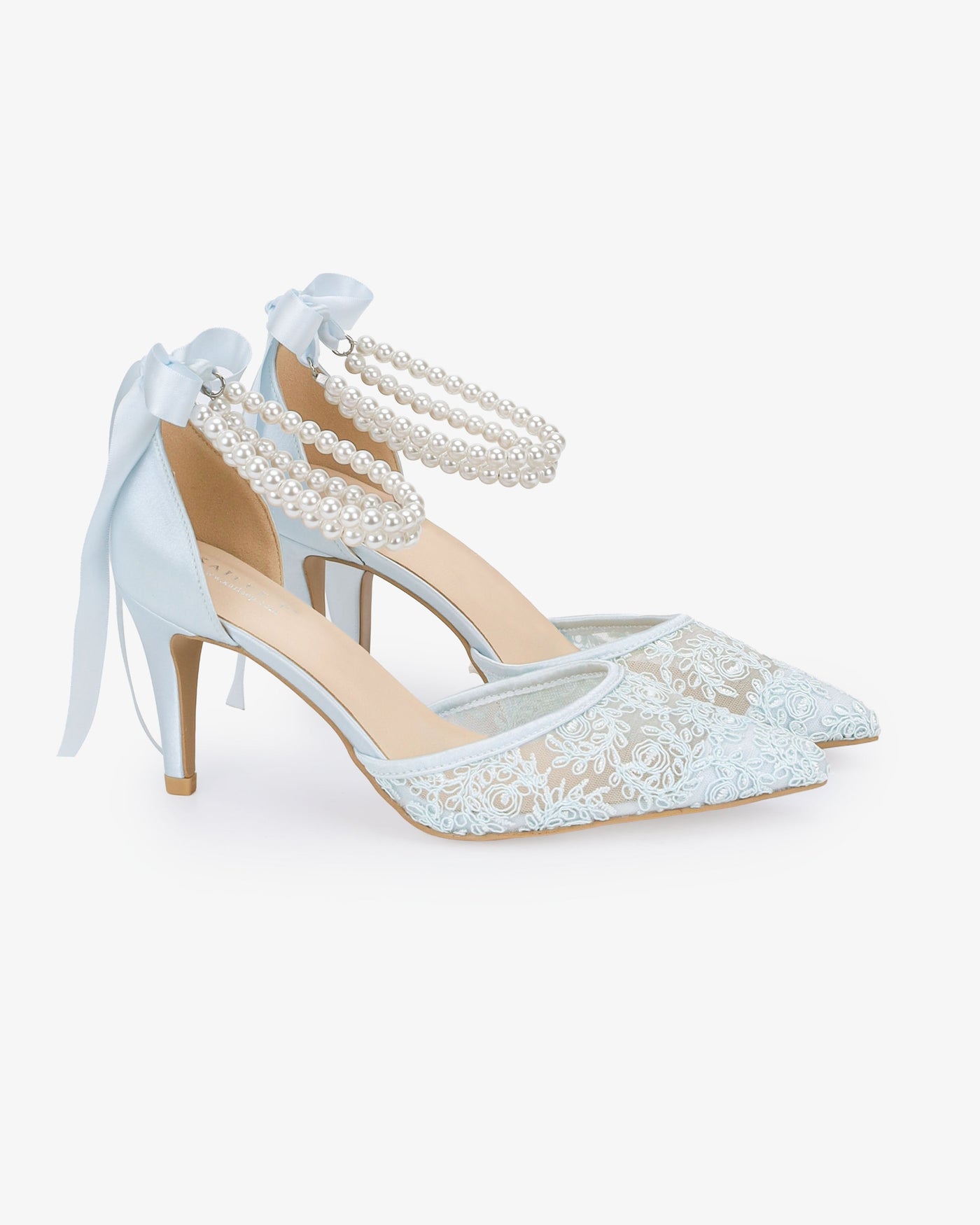 Wedding Lace Heels with Double Pearls Ankle Strap - Glamourous Grace