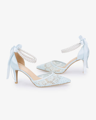Wedding Lace Heels with Double Pearls Ankle Strap