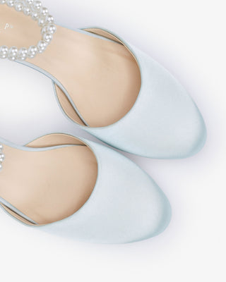 Round Toe Satin Low Block Heel with Double Pearls Ankle Strap