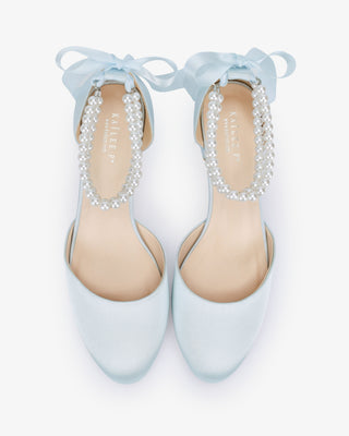 Round Toe Satin Low Block Heel with Double Pearls Ankle Strap