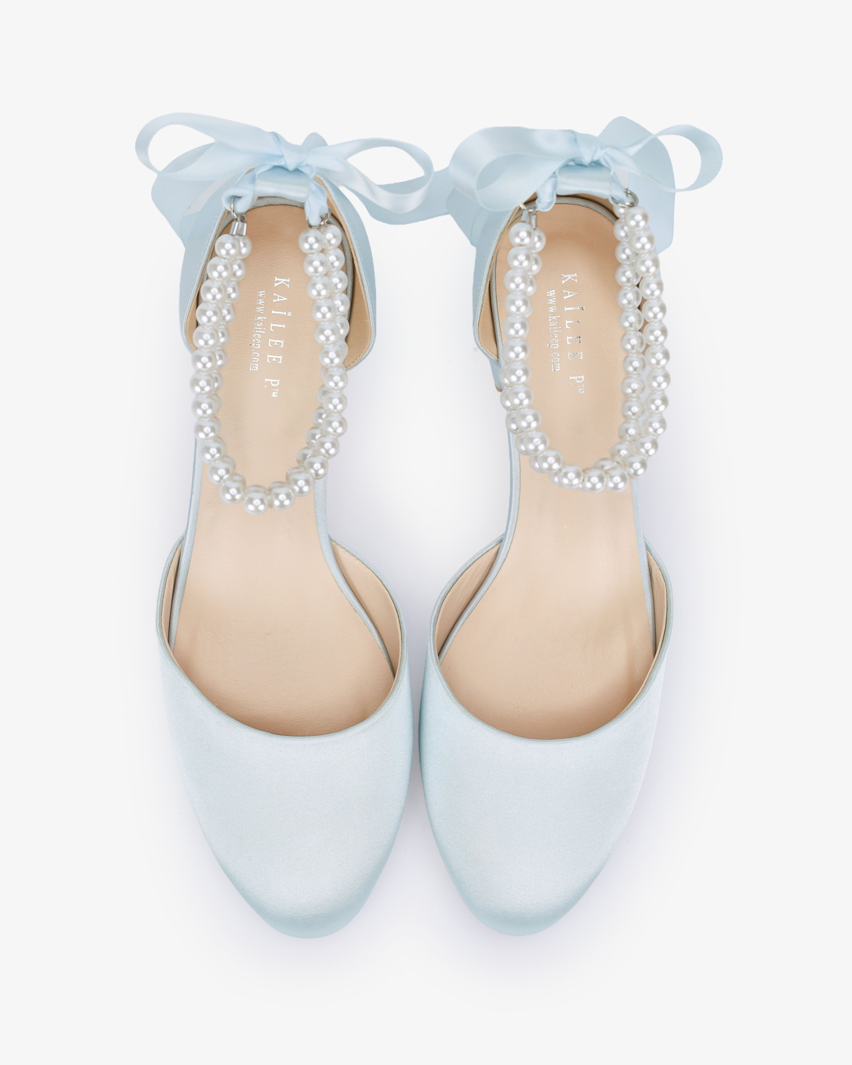Round Toe Satin Low Block Heel with Double Pearls Ankle Strap