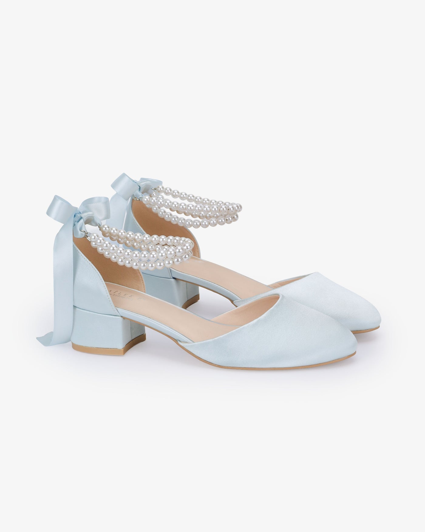Round Toe Satin Low Block Heel with Double Pearls Ankle Strap - Glamourous Grace